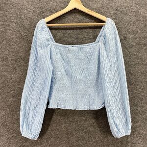 Ava Rose Top Women L Large Blue Square Neck Long Sleeve Pullover Casual Solid